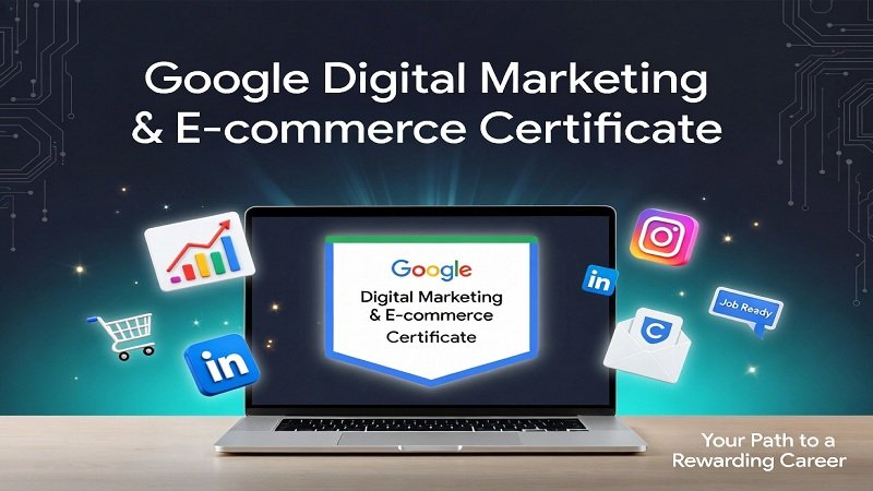 Google Digital Marketing & E-commerce Certificate – Professional laptop displaying the official Google certificate badge with digital marketing, analytics, social media, and e-commerce icons
